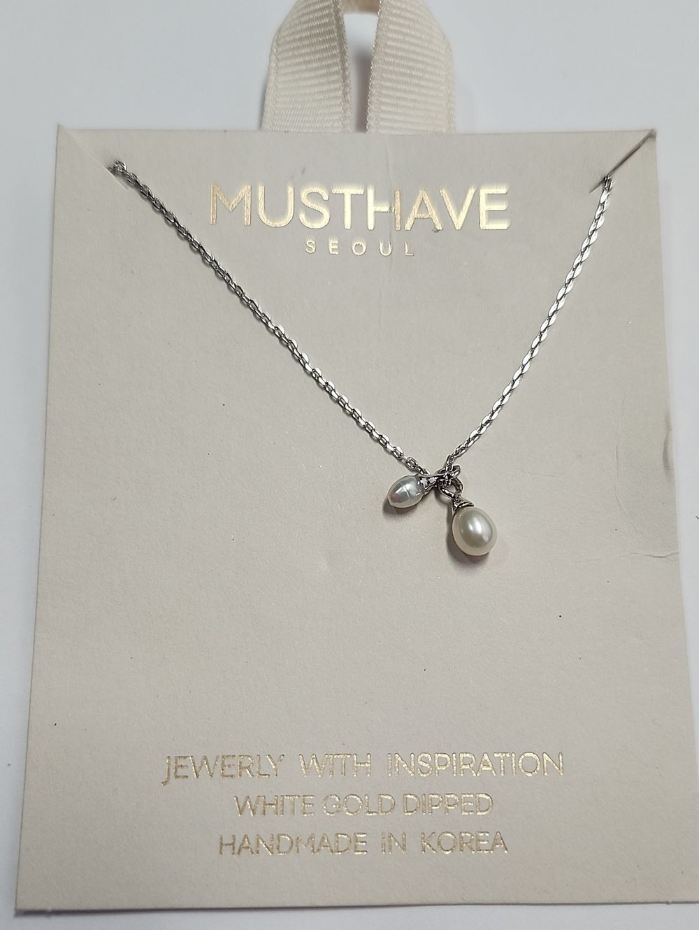 Must Have Seoul Necklace with Dual Pearl Charms White Gold Dipped
